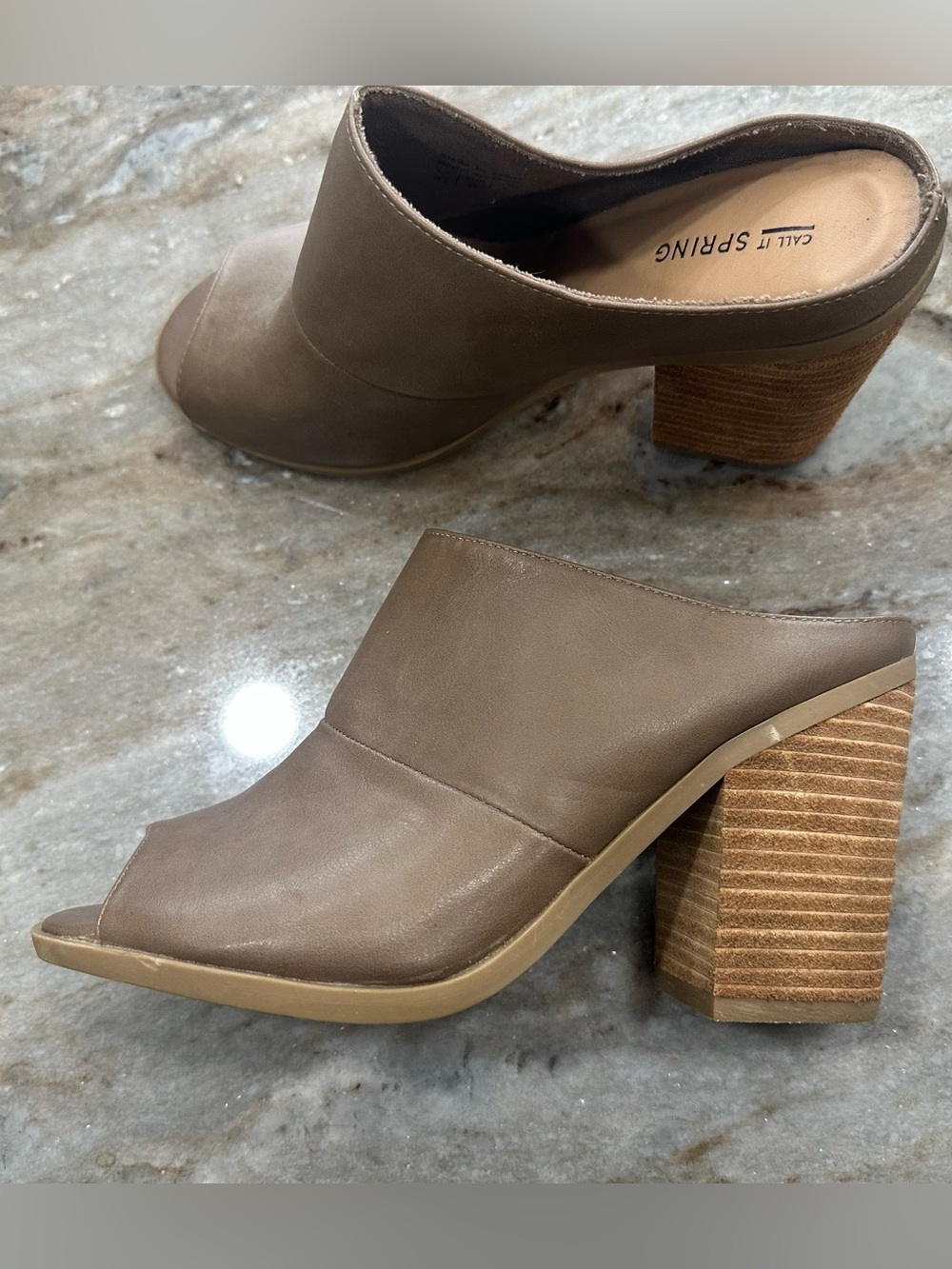 Call It Spring Taupe Open-Toe Block Heel Mules with Wood-Look Heel